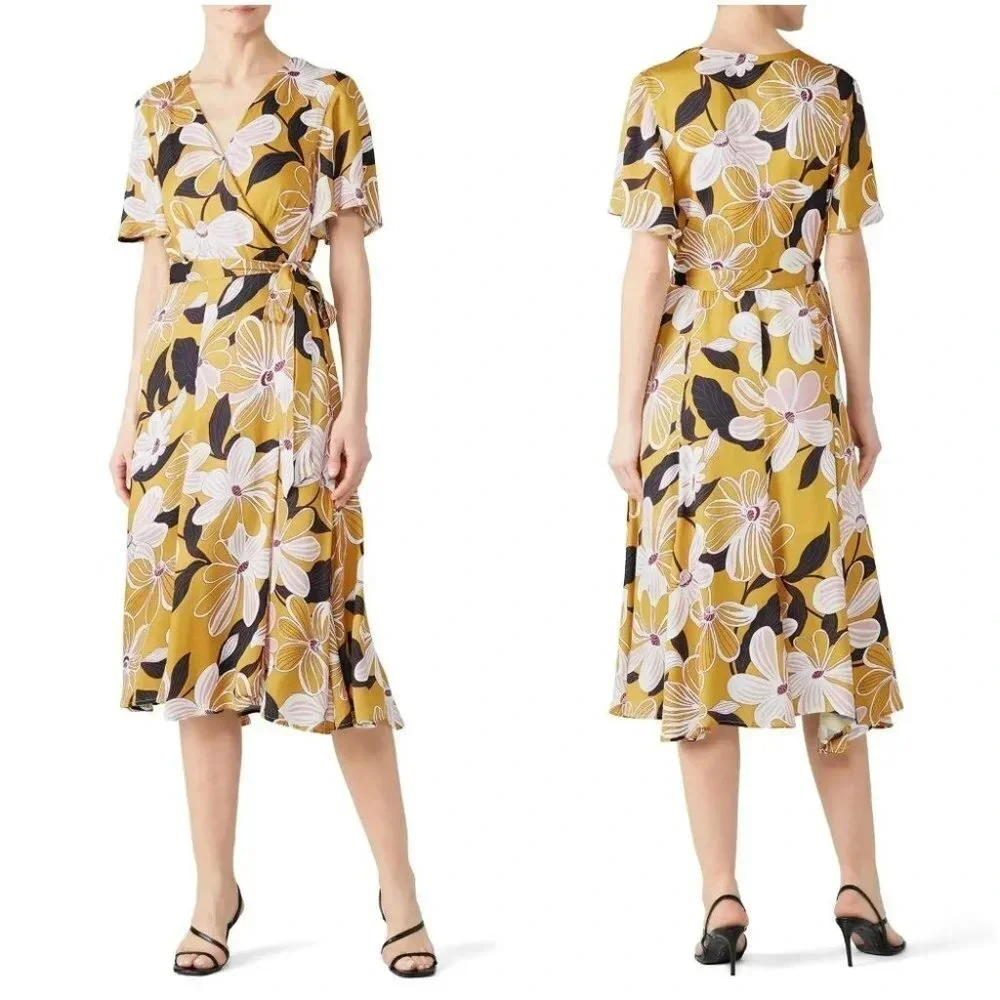 Slate & Willow Dark Yellow Mod Daisy Wrap Midi Dress $297 - Picture 1 of 11